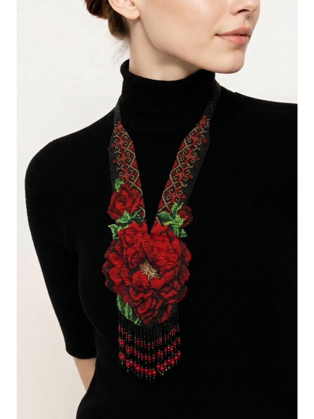 Handcrafted Beaded Necklace With Red Rose Design Black & Red Beads Elegant Flora - Picture 6 of 8